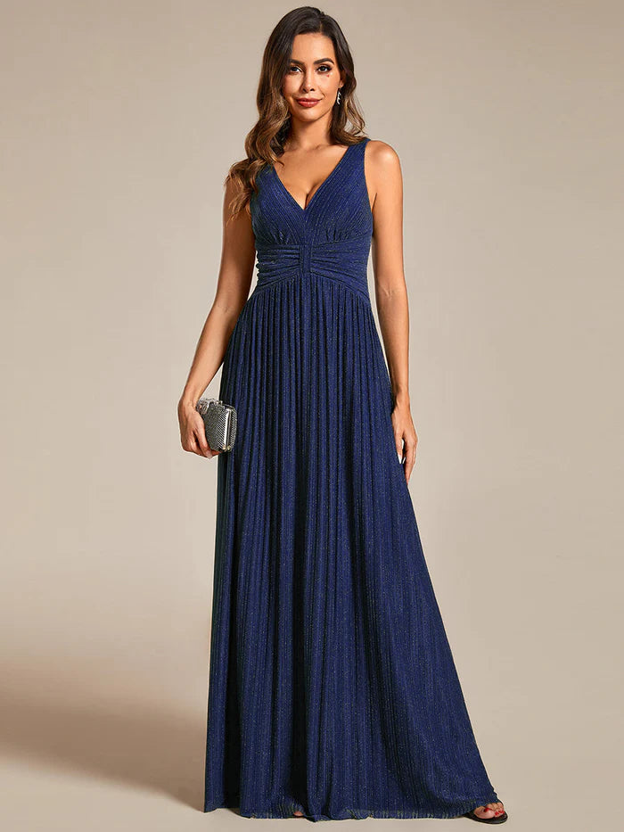 Glittery Pleated Empire Waist Sleeveless Formal Evening Dress - CALABRO®