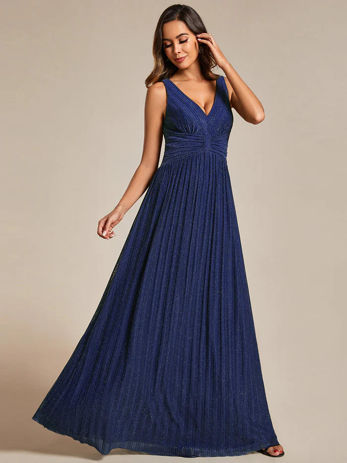 Glittery Pleated Empire Waist Sleeveless Formal Evening Dress - CALABRO®