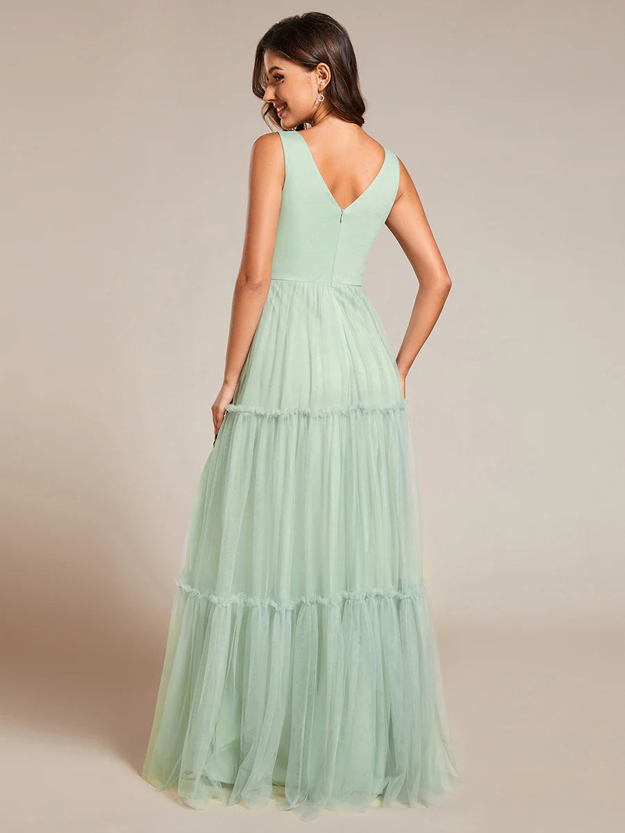 Embroidery V Neck Chiffon Evening Dress With Sleeveless - CALABRO®