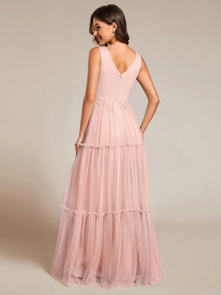 Embroidery V Neck Chiffon Evening Dress With Sleeveless - CALABRO®