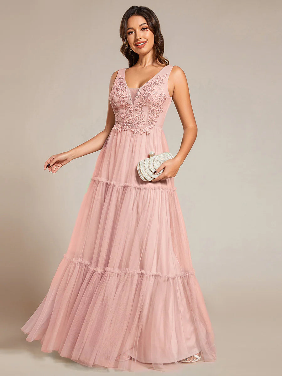 Embroidery V Neck Chiffon Evening Dress With Sleeveless - CALABRO®