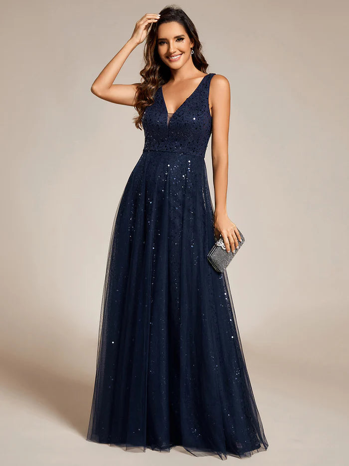 Elegant V-Neck Backless Sequin Evening Dress with Sleeveless - CALABRO®