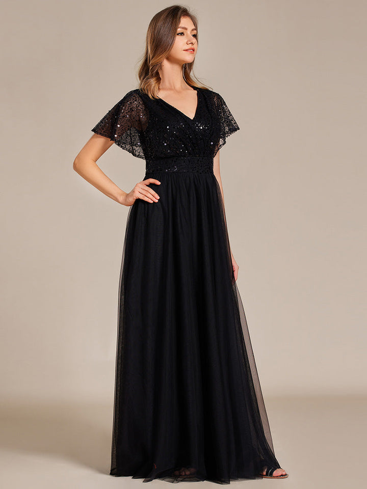 Elegant V Neck Ruffles Sleeve A-Line Empire Waist Tulle Evening Dress - CALABRO®