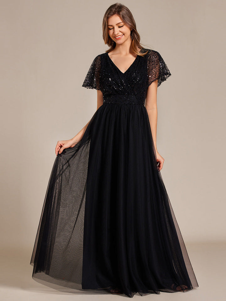 Elegant V Neck Ruffles Sleeve A-Line Empire Waist Tulle Evening Dress - CALABRO®