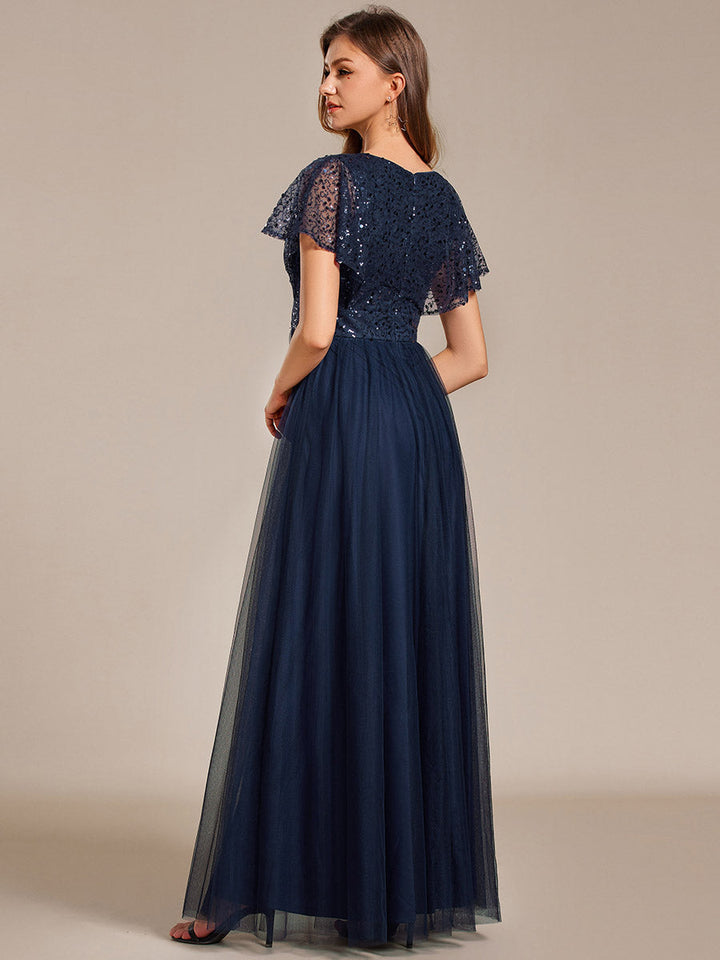 Elegant V Neck Ruffles Sleeve A-Line Empire Waist Tulle Evening Dress - CALABRO®