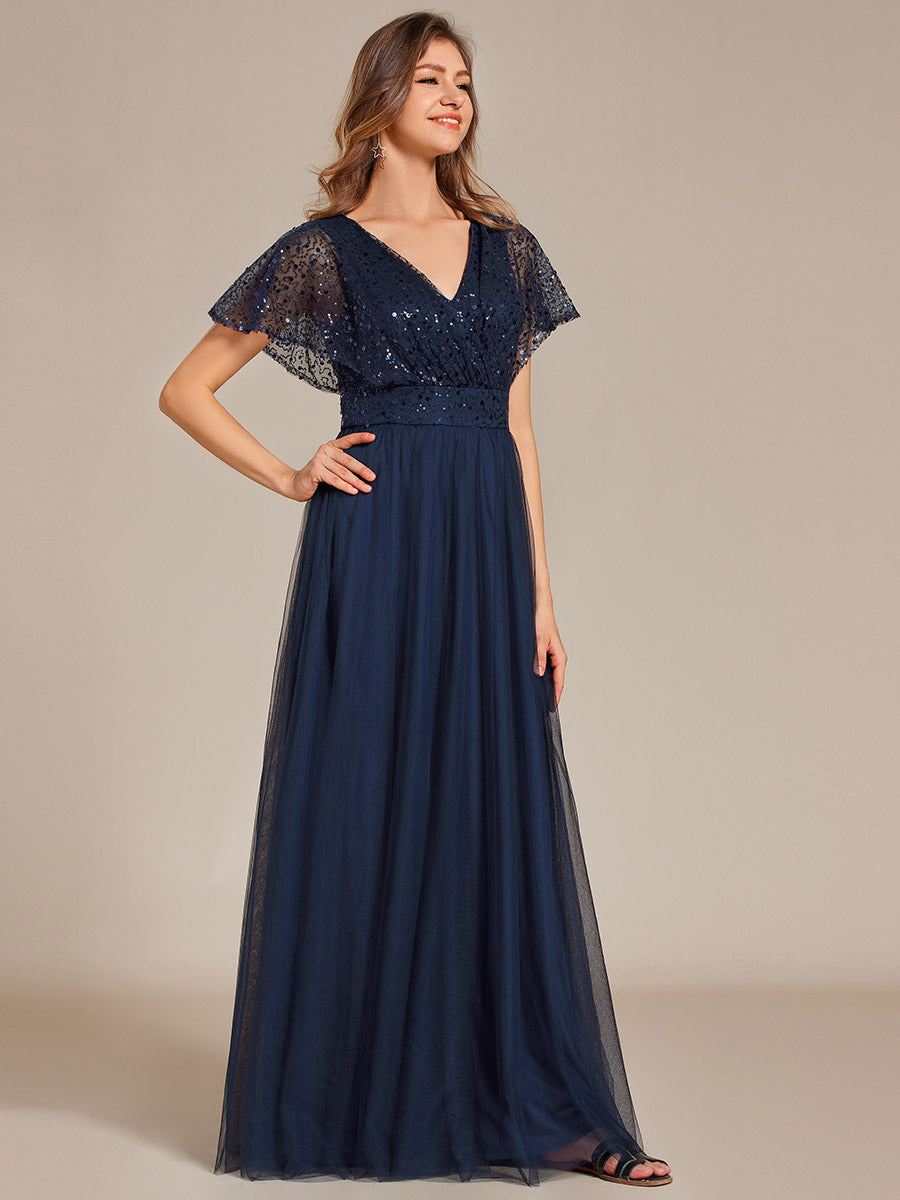 Elegant V Neck Ruffles Sleeve A-Line Empire Waist Tulle Evening Dress - CALABRO®