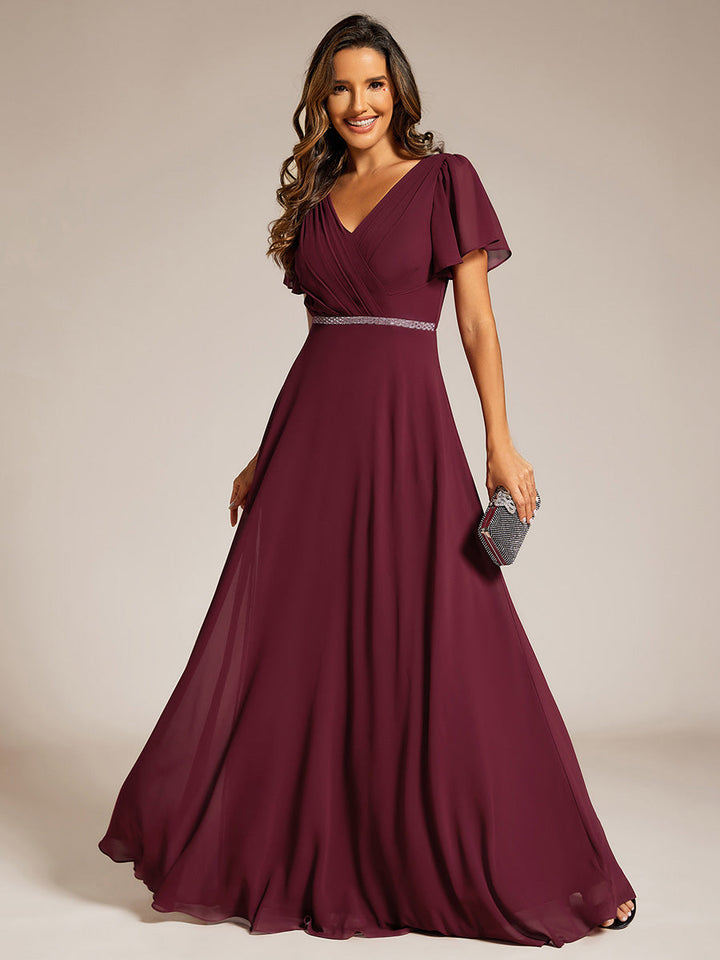 Elegant Midi Length Ruffles Sleeves Chiffon Dresses Empire Waist Evening Dresses with Belt - CALABRO®