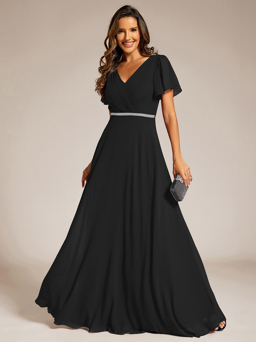 Elegant Midi Length Ruffles Sleeves Chiffon Dresses Empire Waist Evening Dresses with Belt - CALABRO®