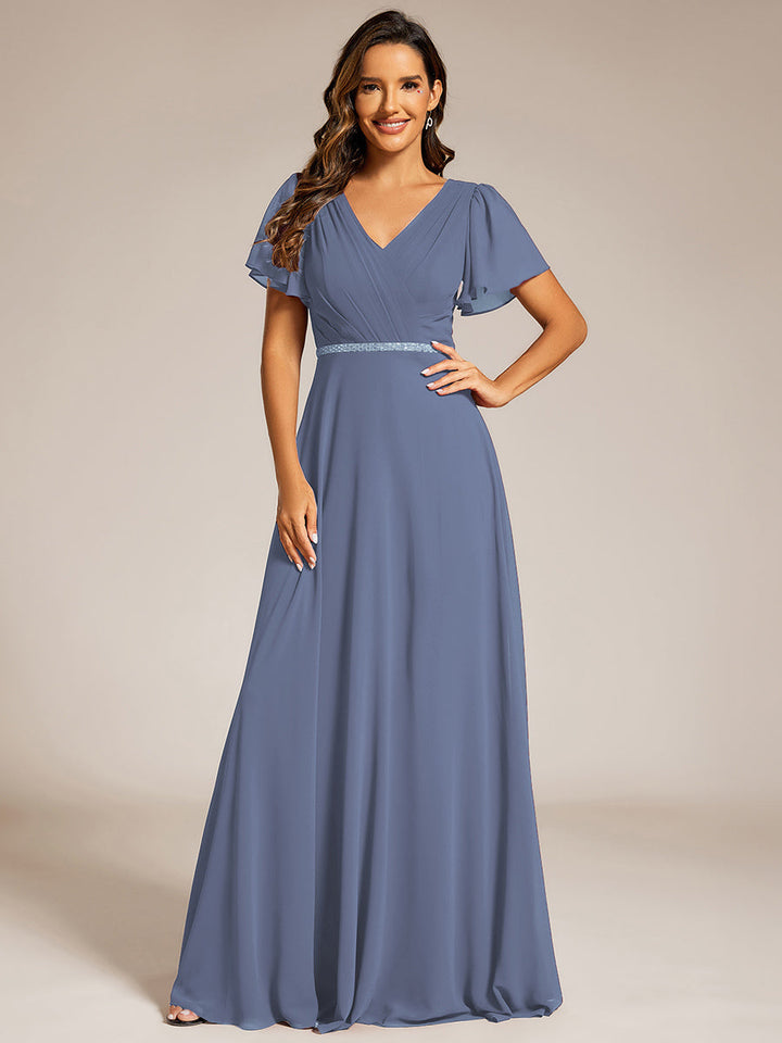 Elegant Midi Length Ruffles Sleeves Chiffon Dresses Empire Waist Evening Dresses with Belt - CALABRO®