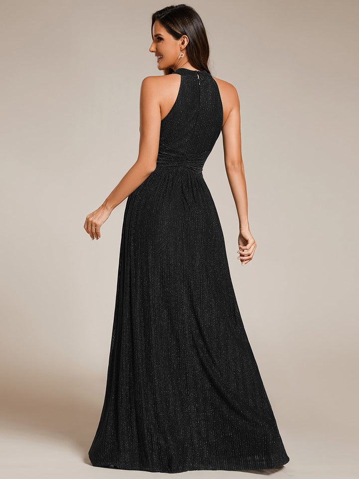 Glittery Halter Neck Pleated Formal  Evening Dress - CALABRO®