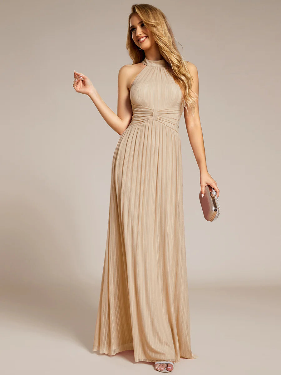 Glittery Halter Neck Pleated Formal Evening Dress