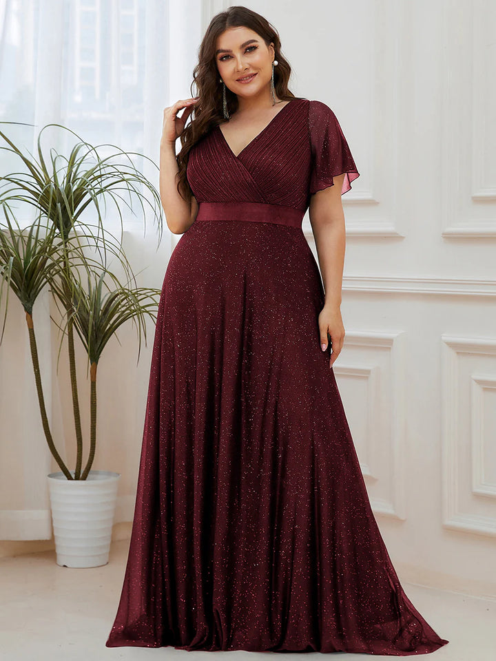 Plus Size Deep V Neck Ruffles Sleeve A Line Evening Dresses