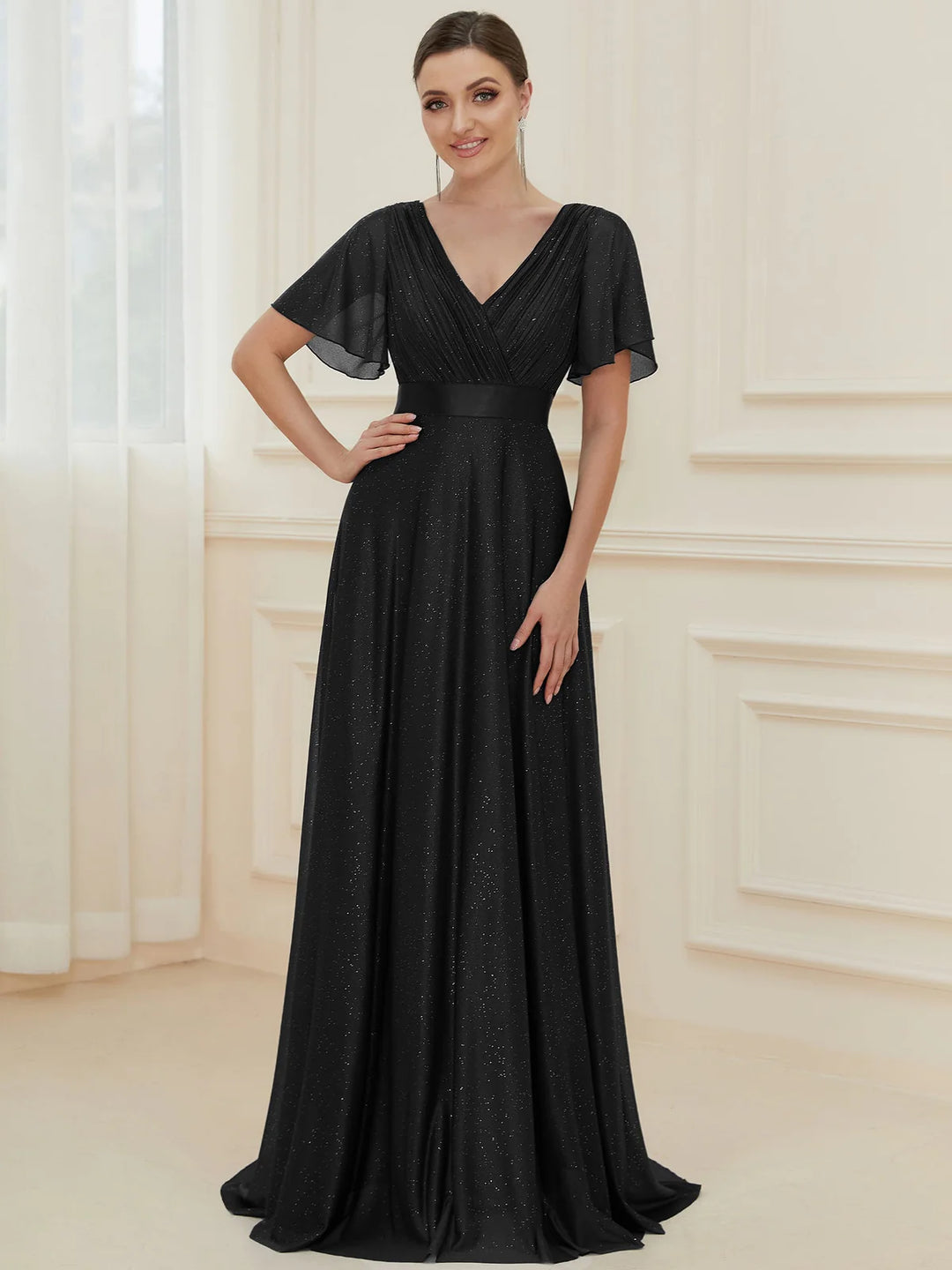 Deep V Neck Ruffles Sleeve A Line Evening Dresses