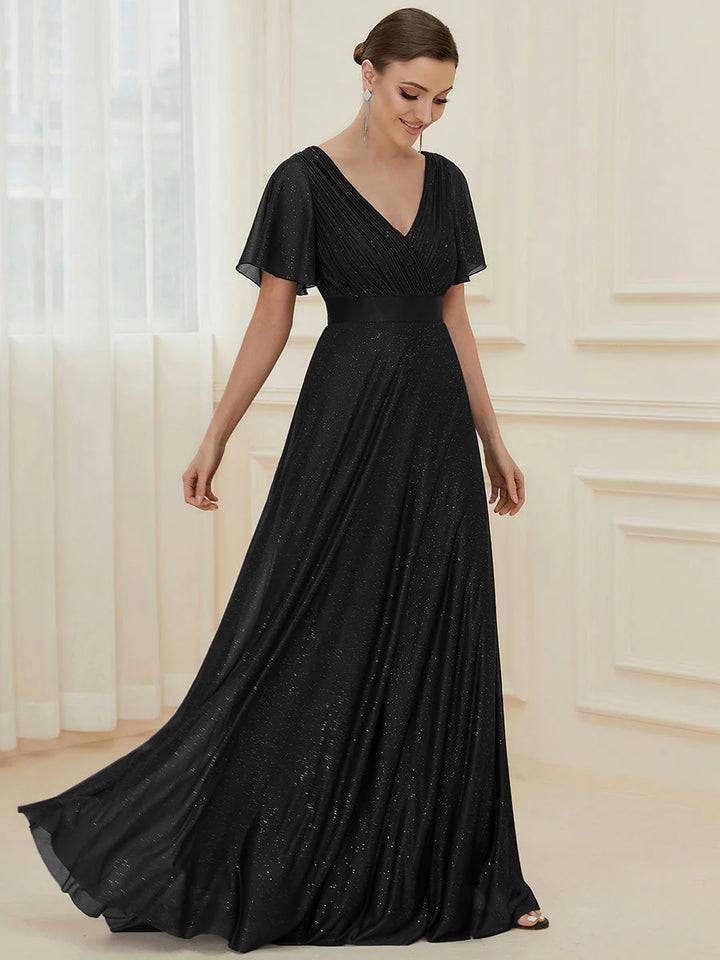 Deep V Neck Ruffles Sleeve A Line Evening Dresses