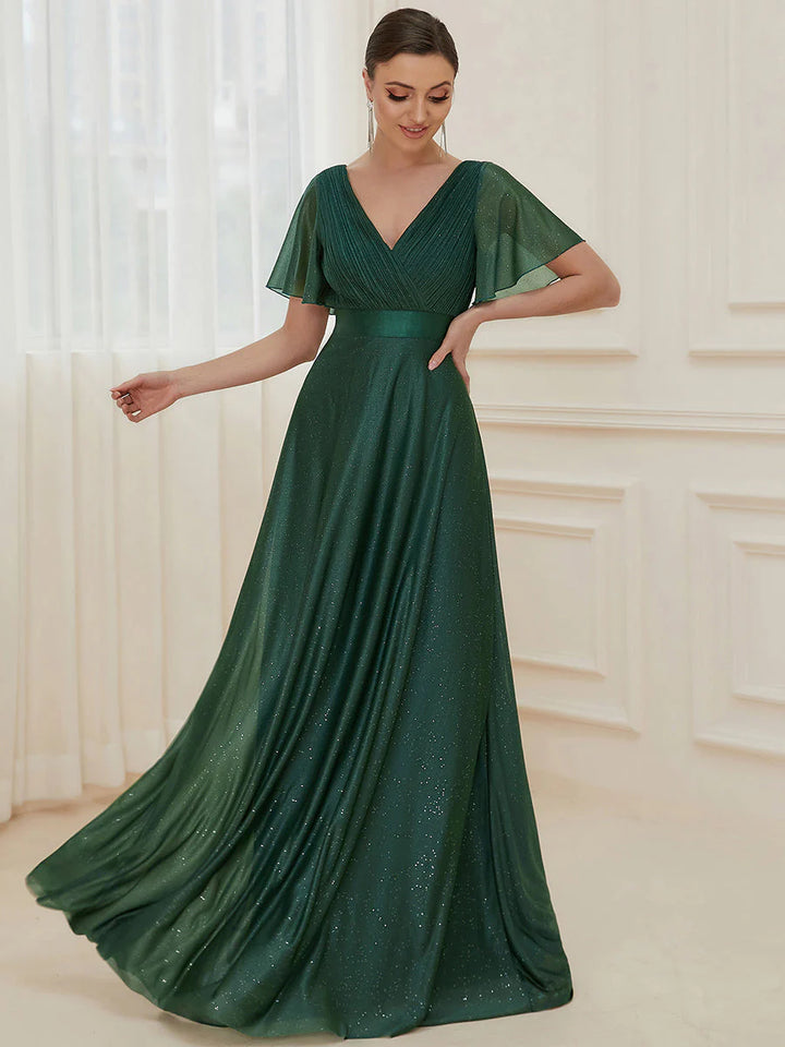 Deep V Neck Ruffles Sleeve A Line Evening Dresses