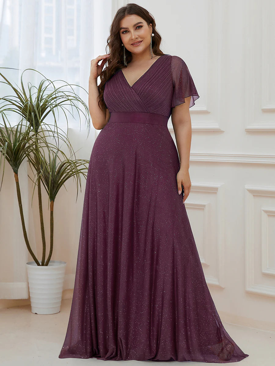 Plus Size Deep V Neck Ruffles Sleeve A Line Evening Dresses