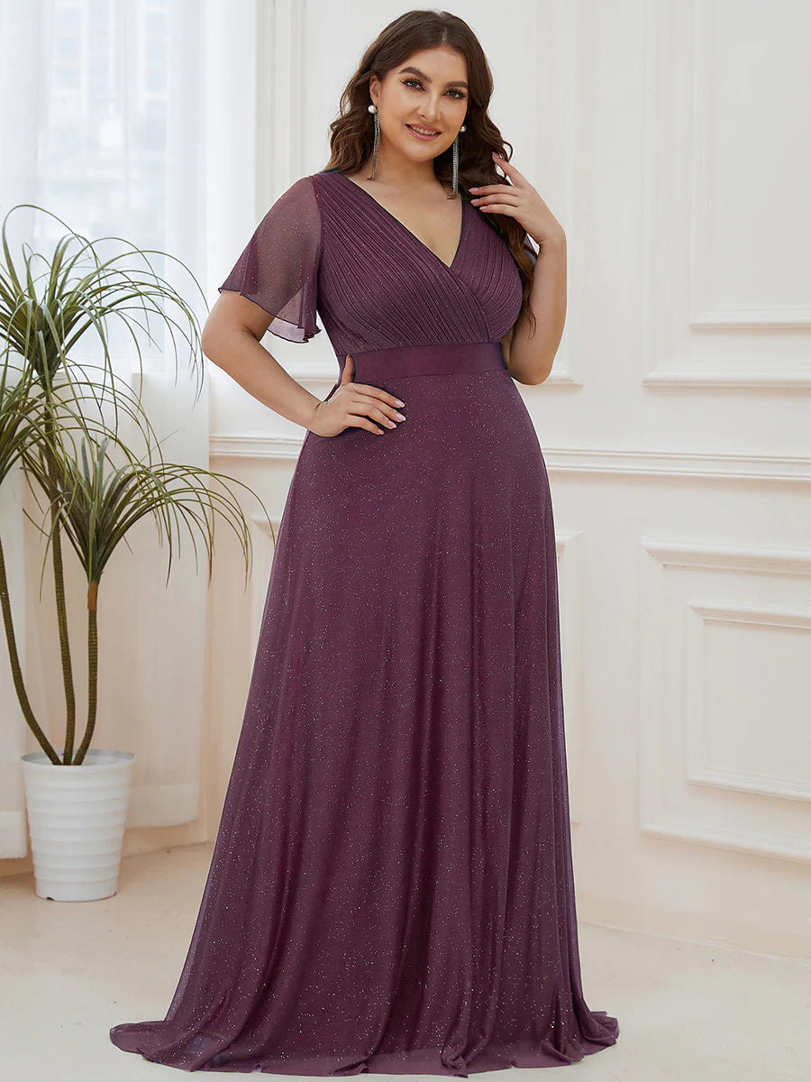 Plus Size Deep V Neck Ruffles Sleeve A Line Evening Dresses