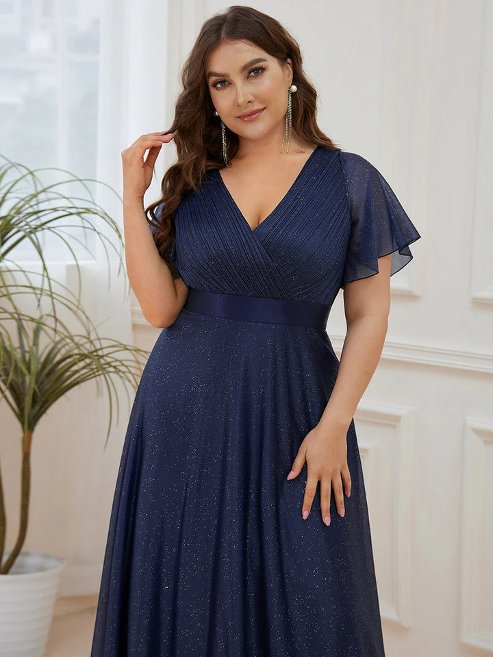 Plus Size Deep V Neck Ruffles Sleeve A Line Evening Dresses