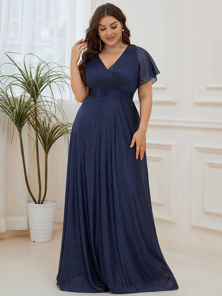 Plus Size Deep V Neck Ruffles Sleeve A Line Evening Dresses