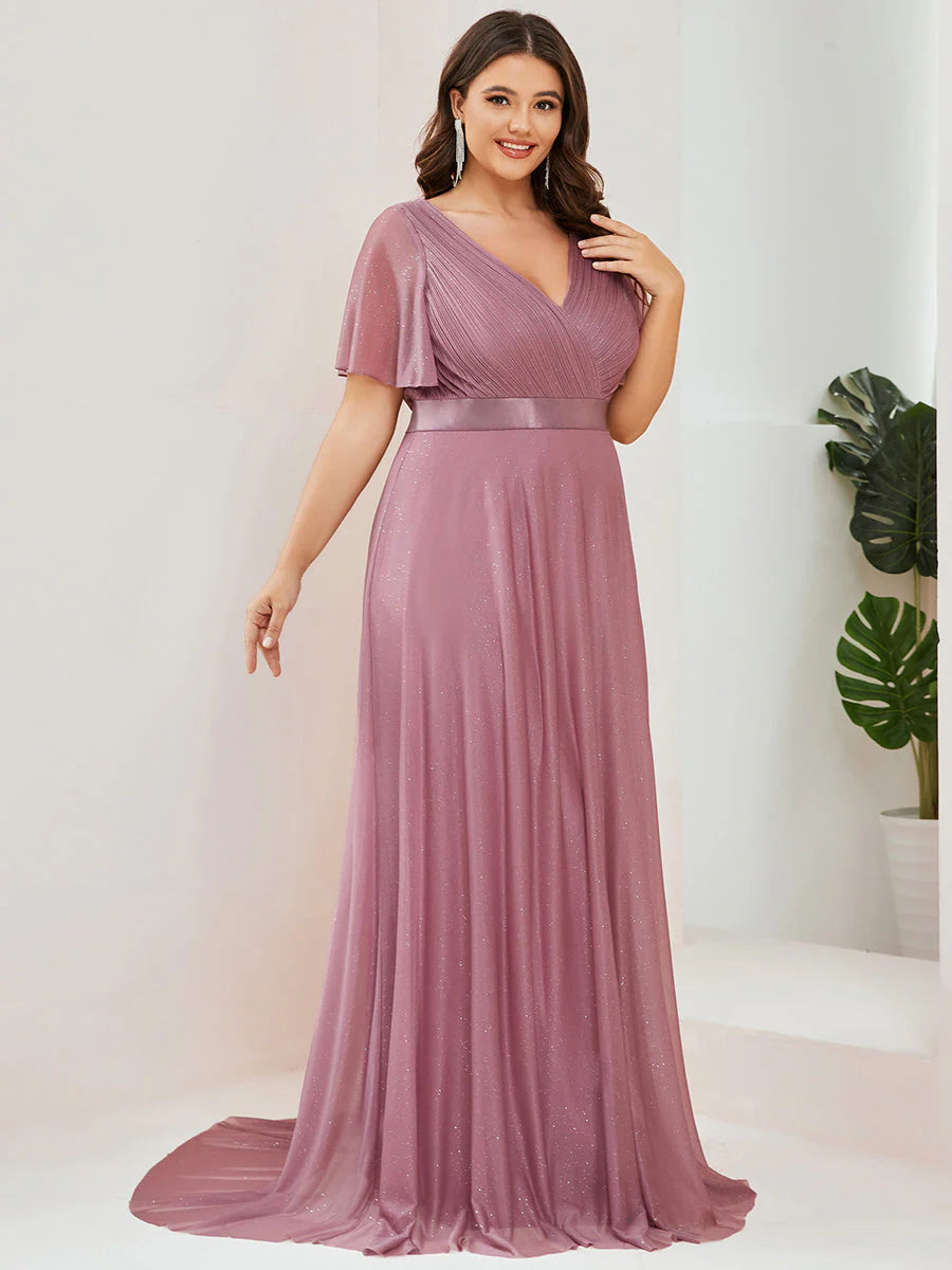 Plus Size Deep V Neck Ruffles Sleeve A Line Evening Dresses