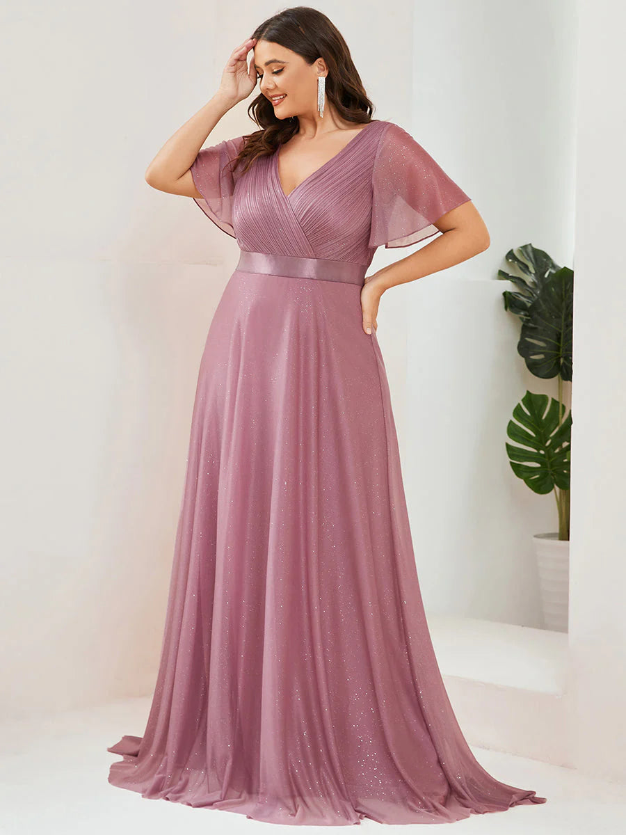 Plus Size Deep V Neck Ruffles Sleeve A Line Evening Dresses