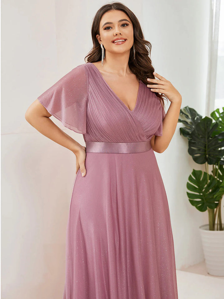 Plus Size Deep V Neck Ruffles Sleeve A Line Evening Dresses