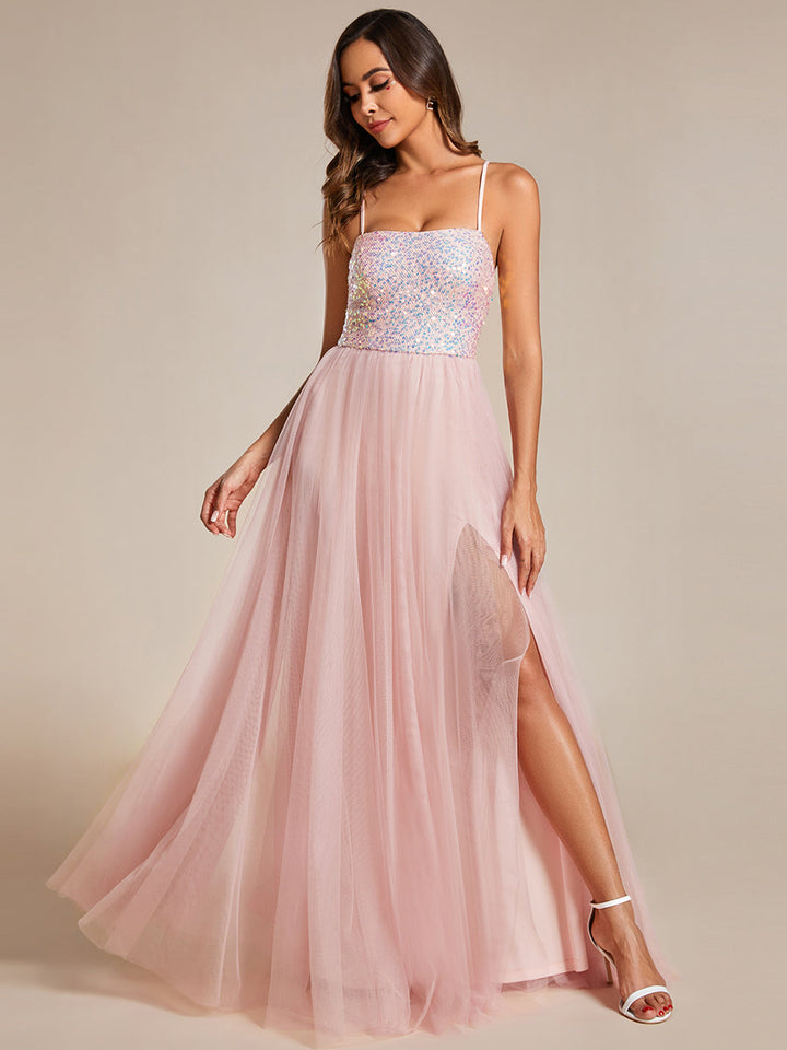 Sequin Tulle Spaghetti Strap High Split Bridesmaid Dress - CALABRO®