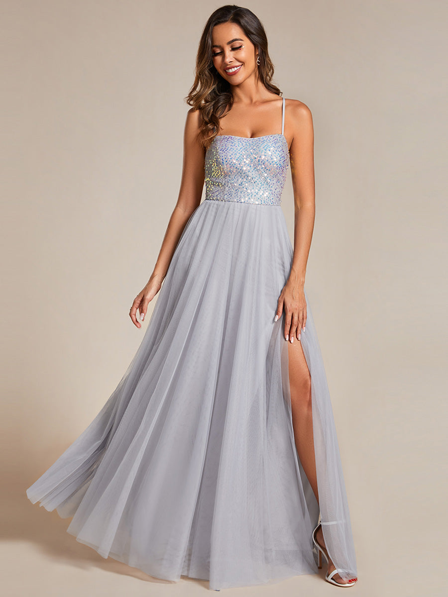 Sequin Tulle Spaghetti Strap High Split Bridesmaid Dress - CALABRO®