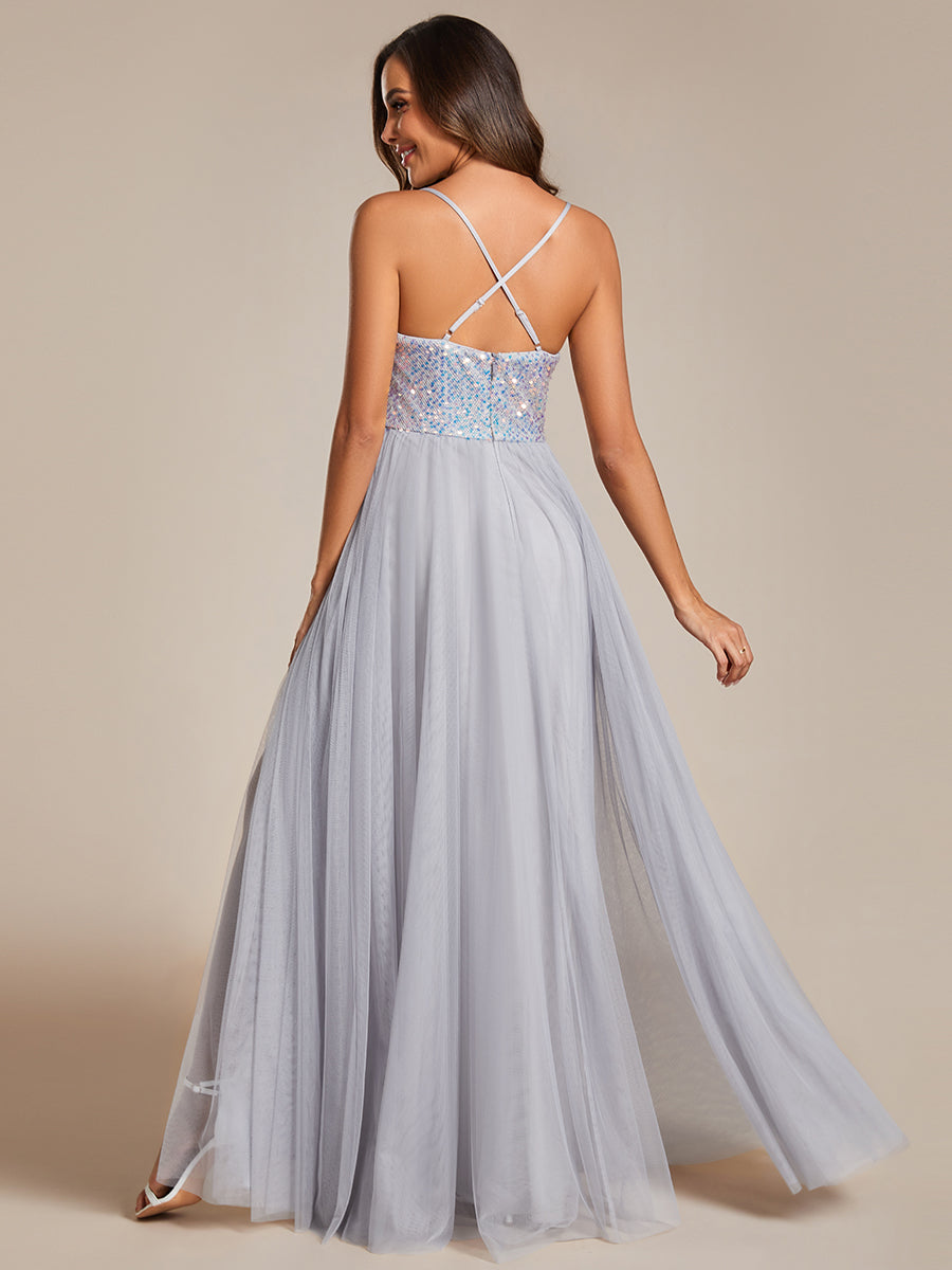 Sequin Tulle Spaghetti Strap High Split Bridesmaid Dress - CALABRO®