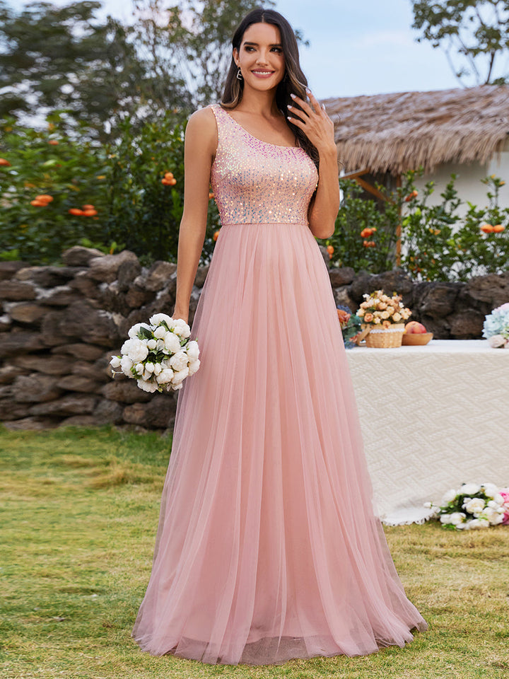 Maxi Long Sequin One Shoulder Tulle Bridesmaid Dress - CALABRO®