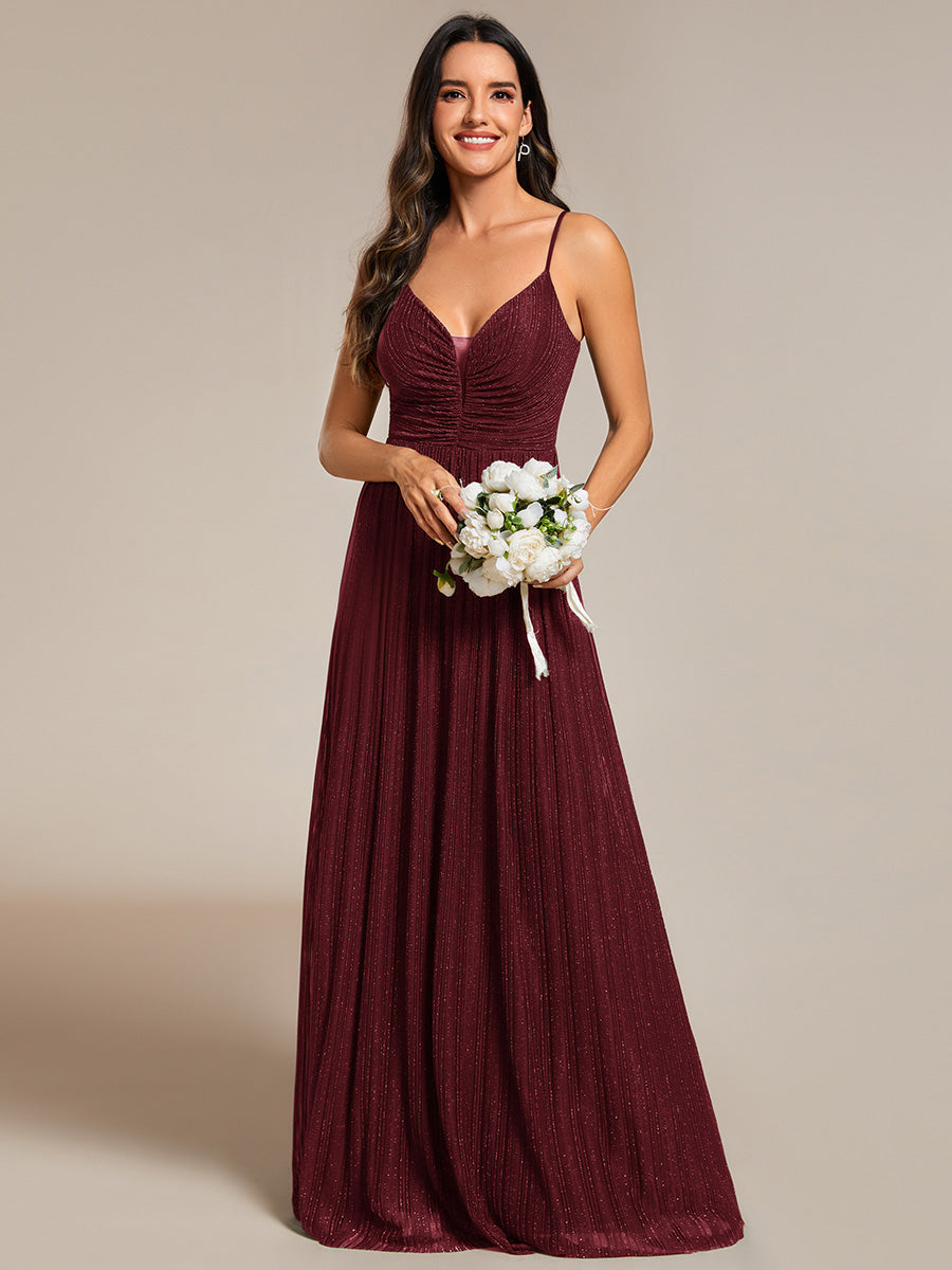 Shimmer V Neck Floor Length Bridesmaid Dress With Spaghetti Straps - CALABRO®