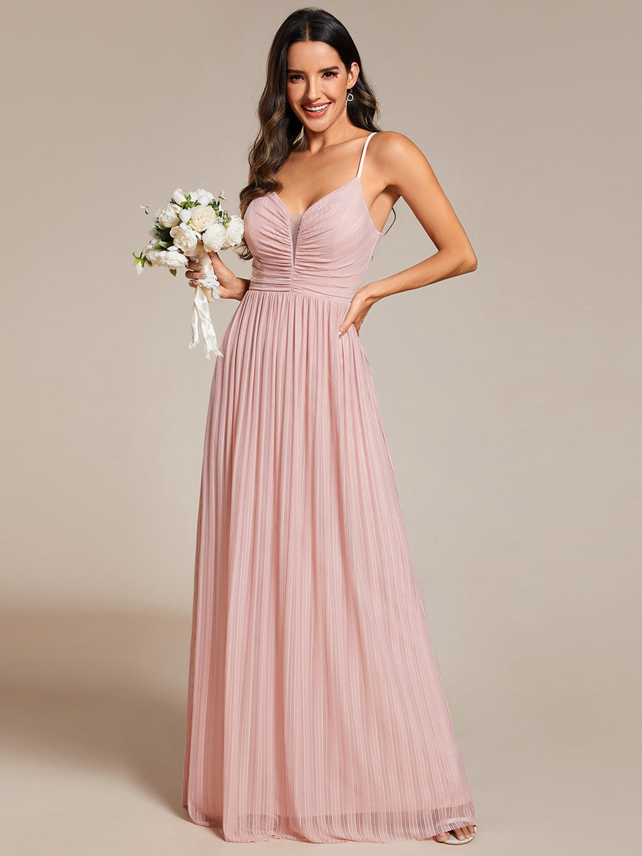 Shimmer V Neck Floor Length Bridesmaid Dress With Spaghetti Straps - CALABRO®