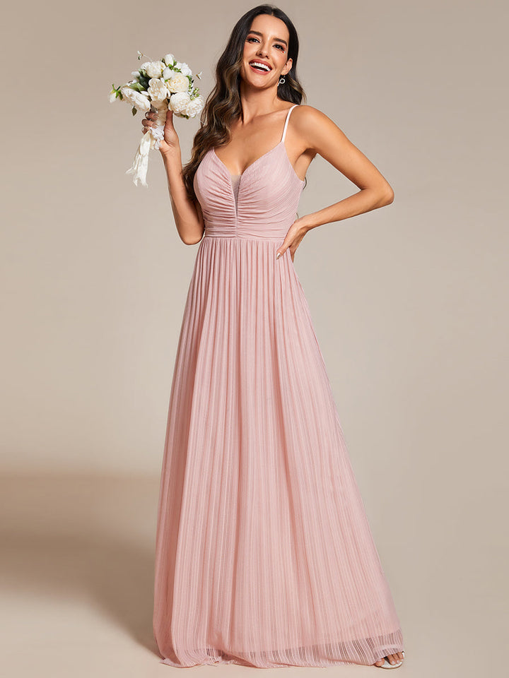 Shimmer V Neck Floor Length Bridesmaid Dress With Spaghetti Straps - CALABRO®