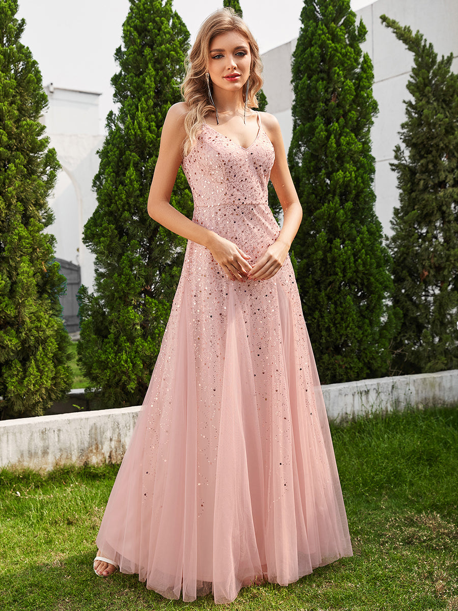 Glittery Sequin V Neck Spaghetti Strap Tulle Bridesmaid Dress - CALABRO®