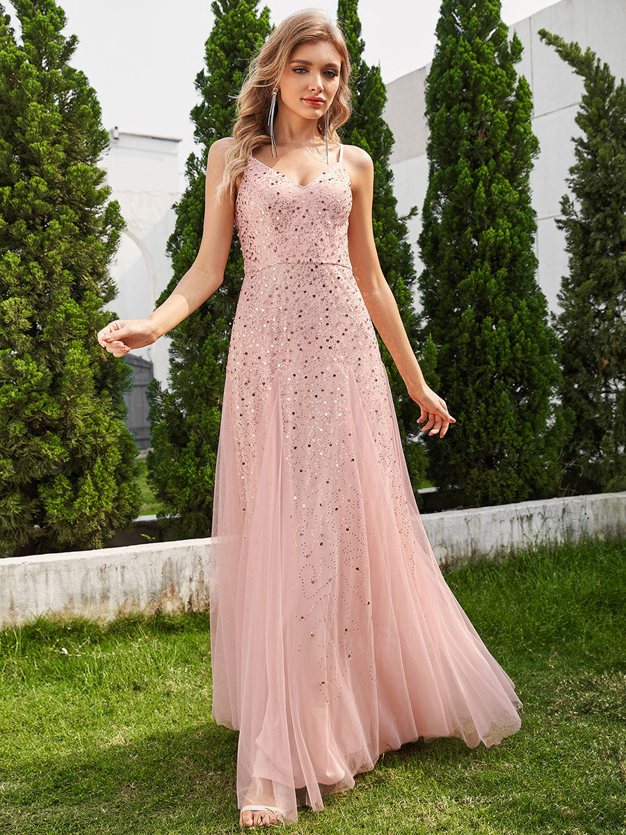 Glittery Sequin V Neck Spaghetti Strap Tulle Bridesmaid Dress - CALABRO®