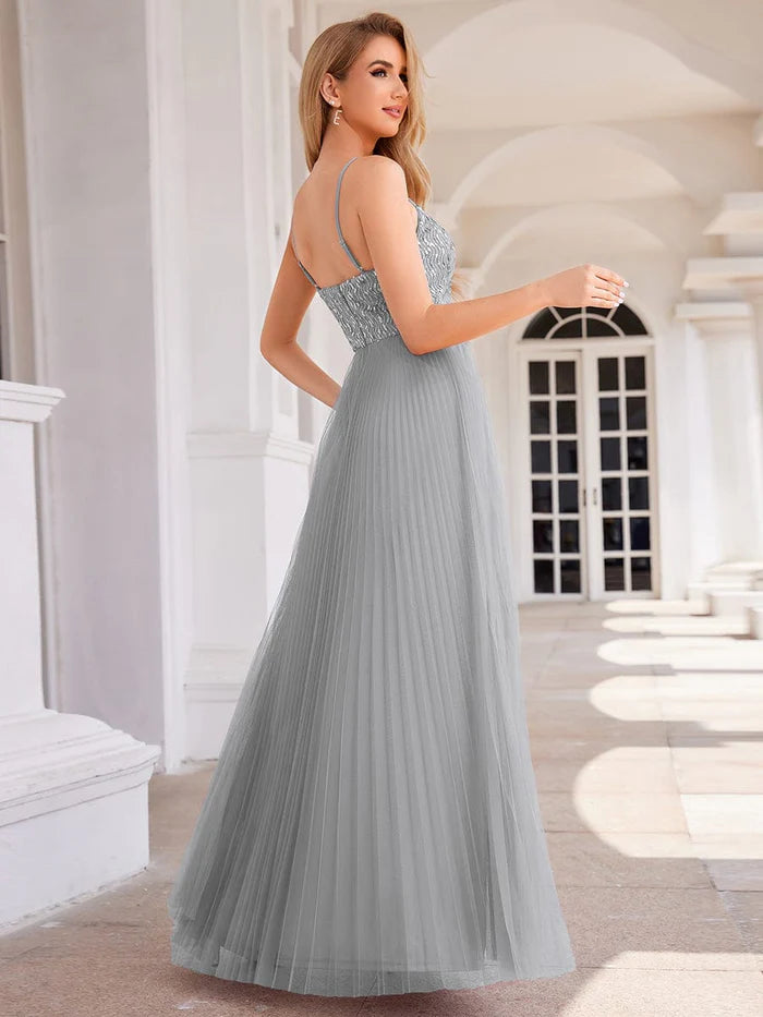 Sequin See Through V-Neck Sleeveless Tulle Evening Dress - CALABRO®