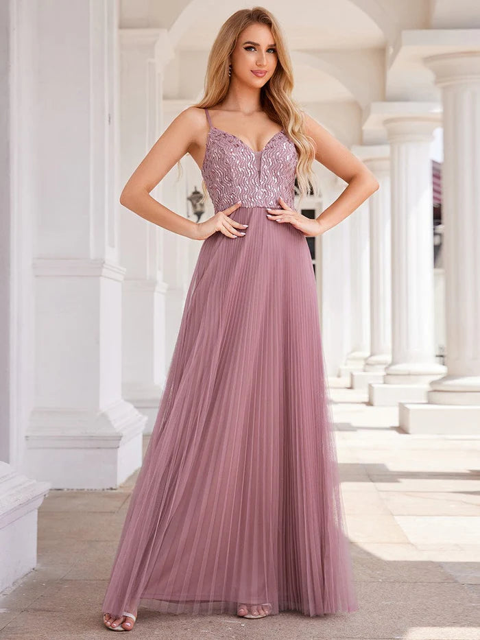 Sequin See Through V-Neck Sleeveless Tulle Evening Dress - CALABRO®