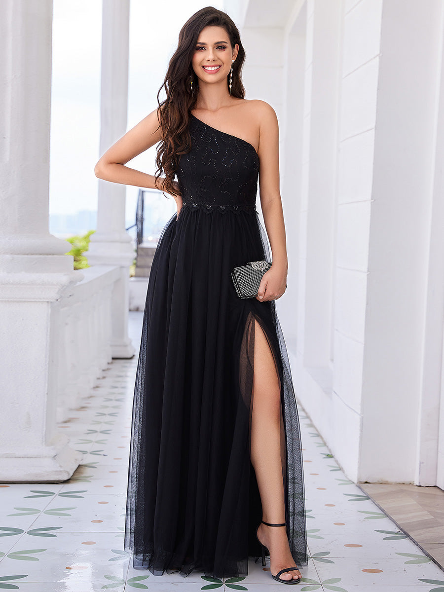 Romantic Asymmetric One Shoulder Side Split A-Line Tulle Dress with Lace Sequin Empire Waist Evening Dress - CALABRO®