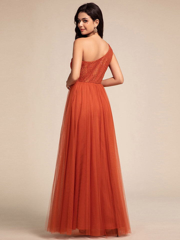 Romantic Asymmetric One Shoulder Side Split A-Line Tulle Dress with Lace Sequin Empire Waist Evening Dress - CALABRO®