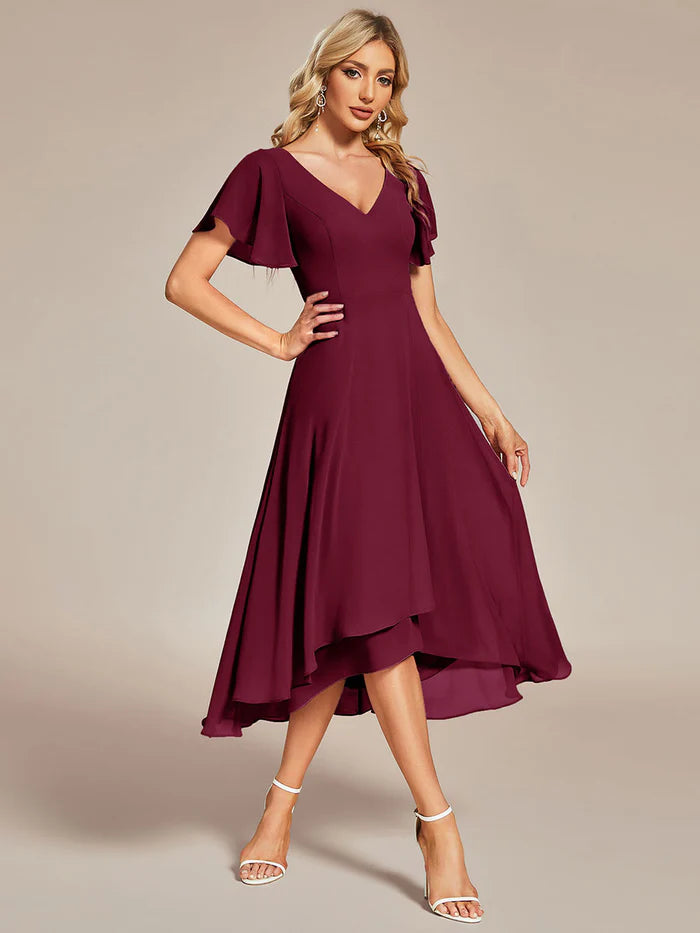 V-Neck High Low Chiffon Ruffles Bridesmaid Dress - CALABRO®