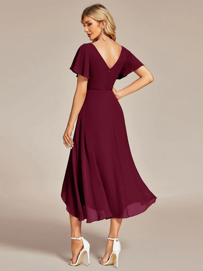 V-Neck High Low Chiffon Ruffles Bridesmaid Dress - CALABRO®