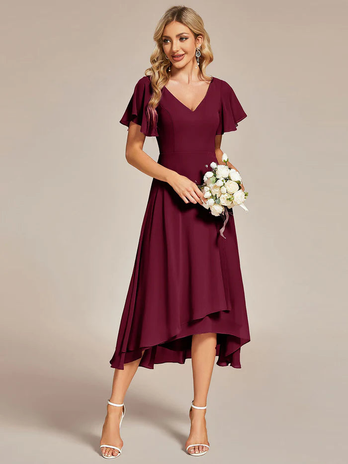 V-Neck High Low Chiffon Ruffles Bridesmaid Dress - CALABRO®