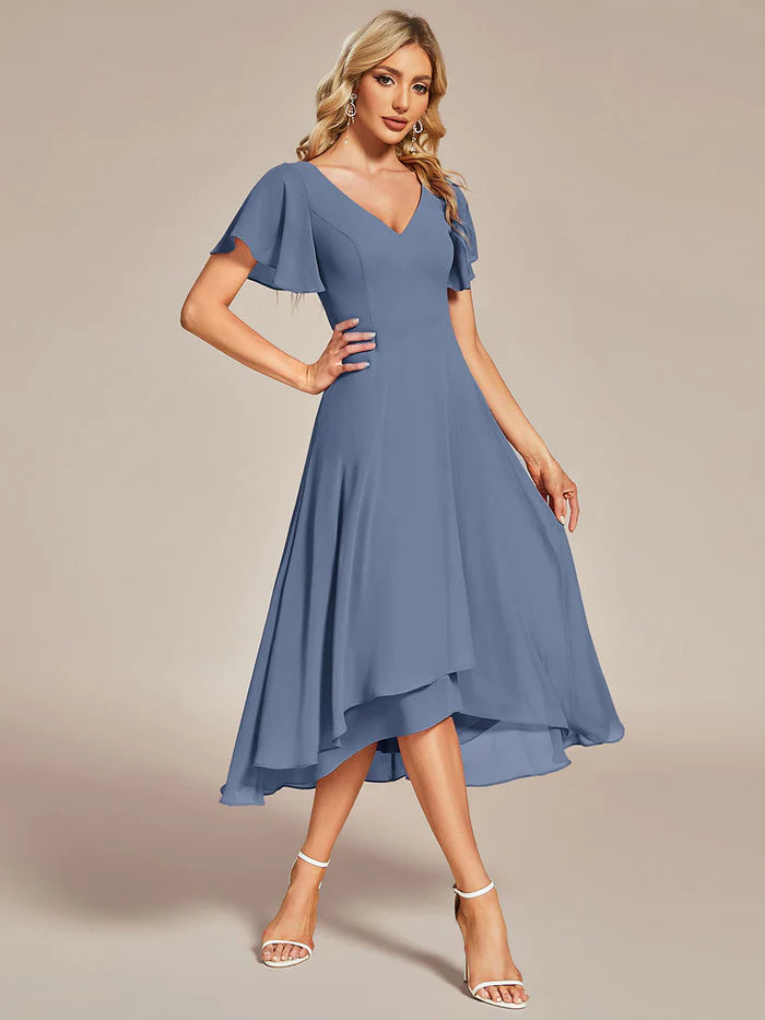 V-Neck High Low Chiffon Ruffles Bridesmaid Dress - CALABRO®