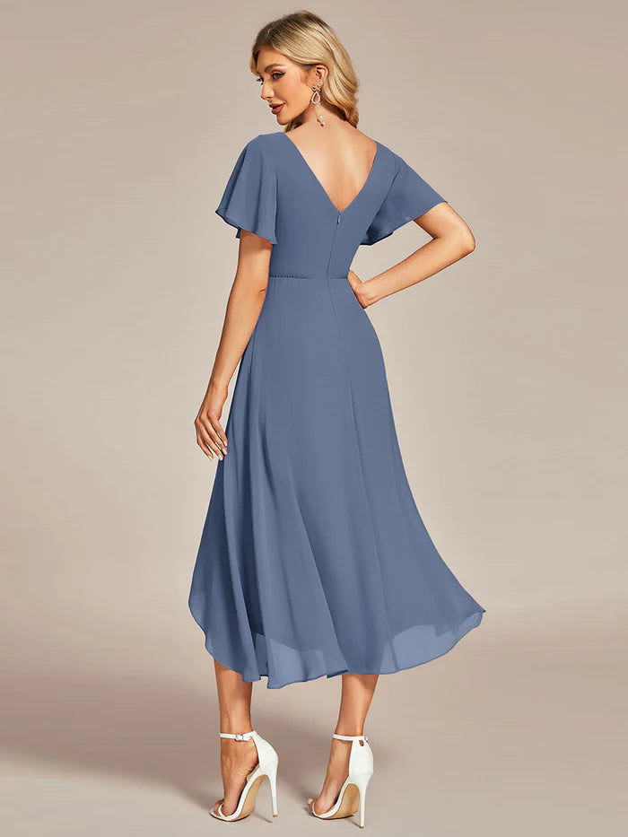 V-Neck High Low Chiffon Ruffles Bridesmaid Dress - CALABRO®