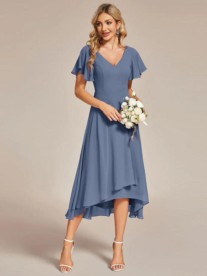 V-Neck High Low Chiffon Ruffles Bridesmaid Dress - CALABRO®