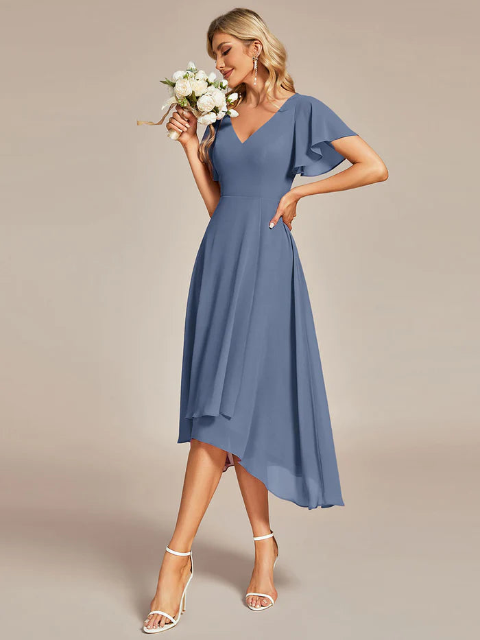 V-Neck High Low Chiffon Ruffles Bridesmaid Dress - CALABRO®