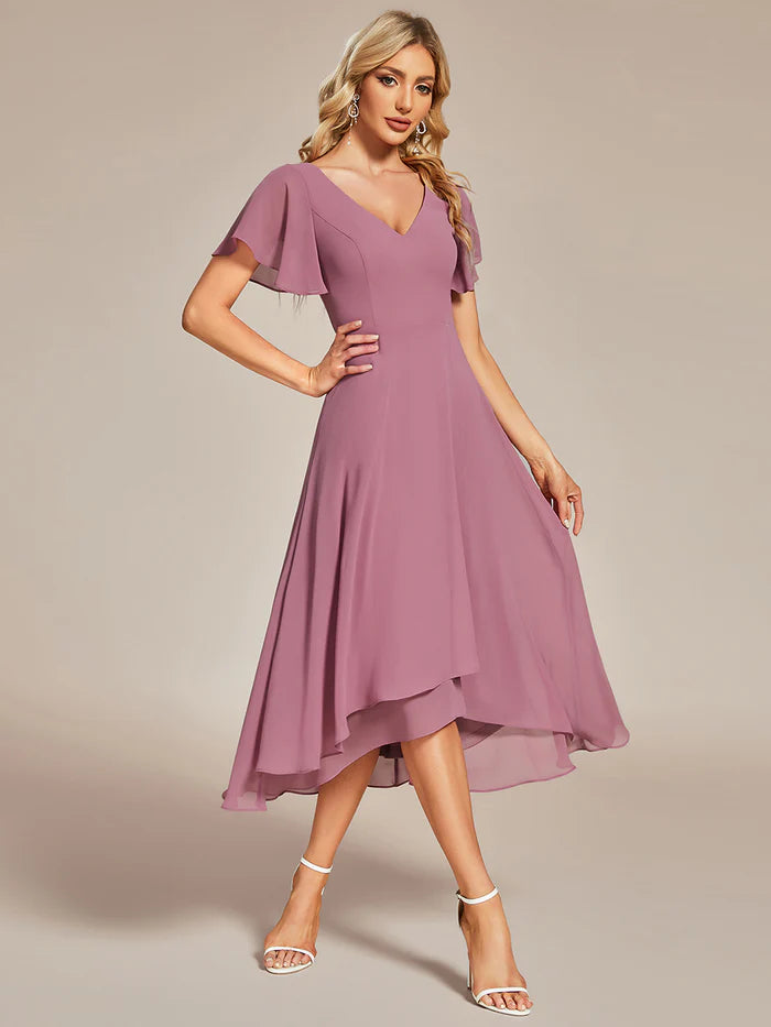 V-Neck High Low Chiffon Ruffles Bridesmaid Dress - CALABRO®