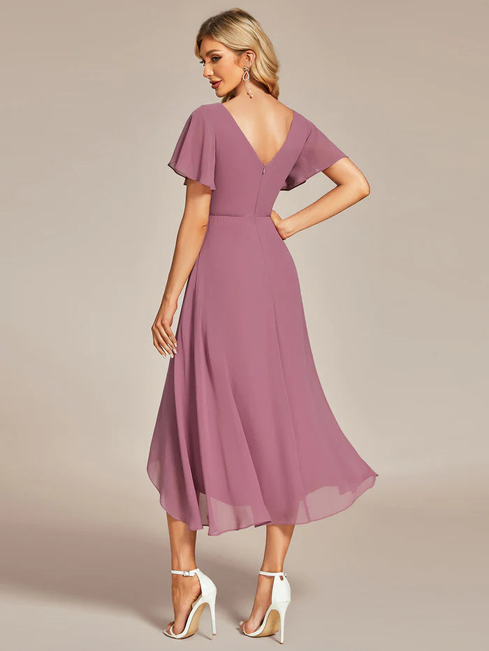 V-Neck High Low Chiffon Ruffles Bridesmaid Dress - CALABRO®