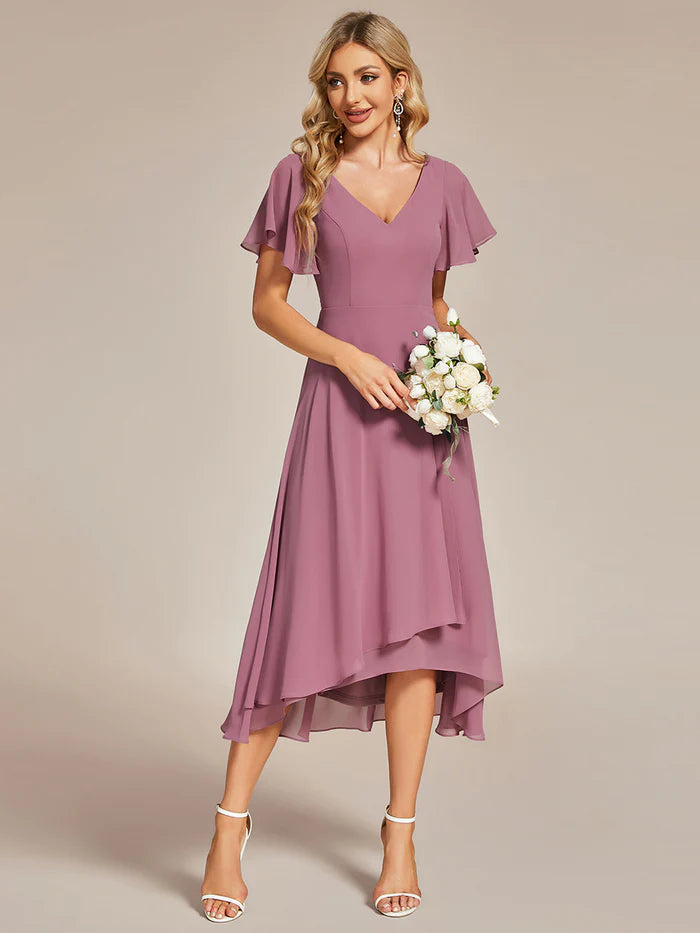 V-Neck High Low Chiffon Ruffles Bridesmaid Dress - CALABRO®