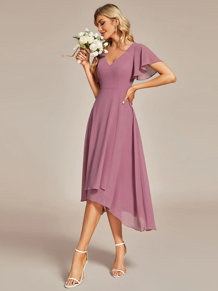 V-Neck High Low Chiffon Ruffles Bridesmaid Dress - CALABRO®